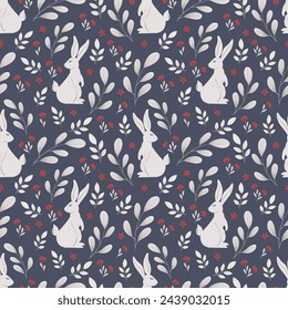 Vector pattern with rabbits, flowers and leaves on dark blue background. Print design for textile, fabric, wallpaper, wrapping, apparel.