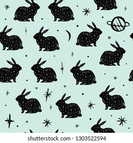 Vector pattern with rabbits, moon and stars, space constellations. Beautiful wall texture with wild repeated contour animals. Ornament, cloth print. Fairytale fantasy illustration