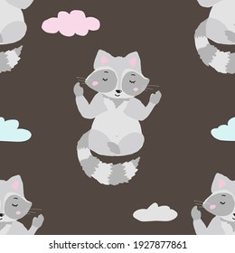 Vector pattern with a raccoon in a cartoon style. A raccoon meditates surrounded by stars.