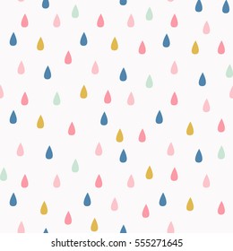 Vector pattern with rain drops. Seamless cute background in mint, mustard yellow and pink. Abstract.