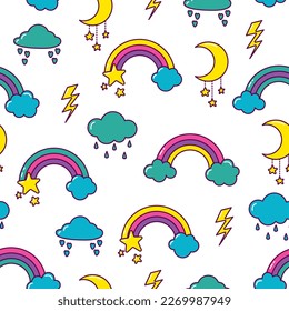 Vector pattern with rainbows, clouds and moon. Cartoon background for fabric, wrapping paper, baby clothes