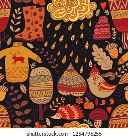 Vector pattern with rainy day in doodle style. Seamless autumn fabric background. Seasonal backdrop.