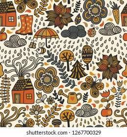 Vector pattern with rainy day in doodle style. Seamless autumn fabric background. Seasonal backdrop.
