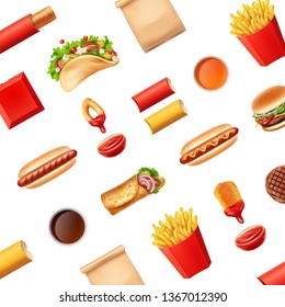 Vector pattern with realistic illustrations of fast food: taco, hot dog, onion ring, fried patty, French fries, nugget, burrito, sauces and package with box isolated on white background