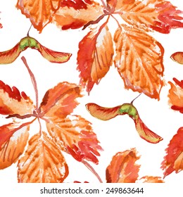 vector pattern of red autumn watercolor leaves and berries, hand drawn  seamless painting