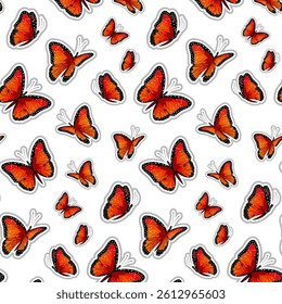 Vector pattern of red butterflies.Red butterflies stickers on white background in vector seamless pattern.