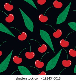 vector pattern with red cherries. flat image of cherry berries. ripe berries with green leaves