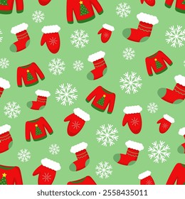 Vector pattern with red Christmas sweater, mitten and sock for gifts on light green background