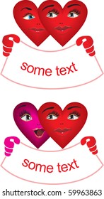 Vector pattern red couple of hearts banners with "some text"  messages in hands. Template and sample for your  messages with some promo information or simply icons. Be love.