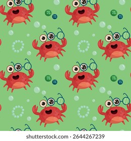 Vector pattern with red crab in glasses, buttons and bracelet on green background