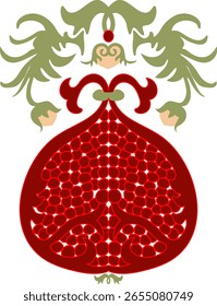 Vector pattern of red elements, similar to the structure of pomegranate fruit in a cut, green leaves, flowers.