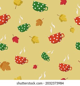 Vector pattern of red and green mugs with a hot drink and autumn leaves