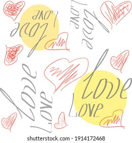 vector pattern of red hearts and words love. Texture for the background for cards for Valentine's Day