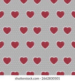 Vector pattern with red hearts.Seamless vector pattern with hearts on a gray polka dot background.