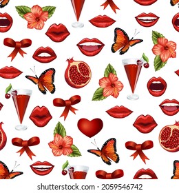 Vector pattern with red lips and decor.Red lips, butterflies, flowers and cocktails on a transparent background in a color vector pattern.