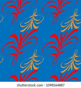 Vector pattern of red and mustard lines and hieroglyphs for the background on a blue background in Japanese style. For paper and fabrics.
