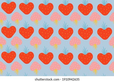 Vector pattern with red and pink strawberries on a blue background.
Valentine's Day. Cartoon background.