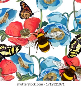 Vector pattern of red poppy flowers with bumblebee, insects, butterflies, bee illustration. Bright floral background. International Bee Day. Modern style. Creative style