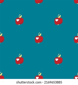 Vector pattern with red small apples in a flat style on a blue background. Pattern with apples for fabrics, packaging, design, fabrics.