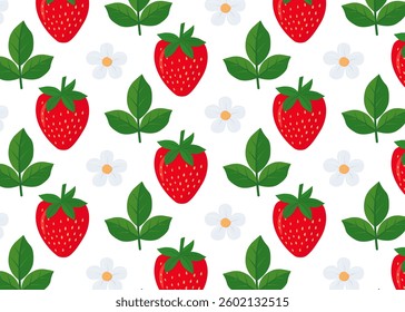 Vector pattern with red strawberries. Red berries, flowers and green leaves on a white background. Seamless background with strawberries for surfaces, postcards, packaging, paper and fabric.