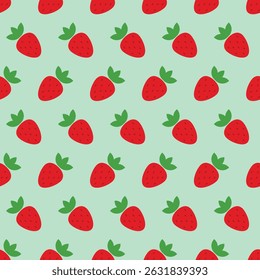 Vector pattern with red strawberries repeating on a green background