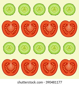 Vector  pattern with red tomatoes and ripe cucumbers