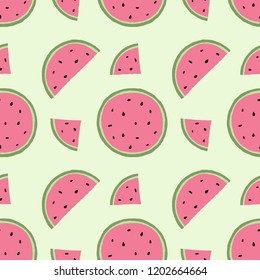vector pattern of red watermelon slices on a light green background