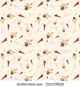 Vector pattern repeat of hand-drawn shells and seaside finds, in autumn colours.