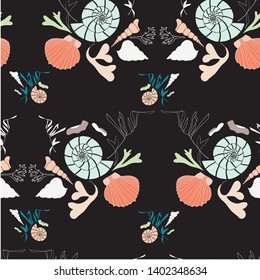 Vector pattern repeat of whelk and oyster shells, seaweed and ammonite shapes. The black background highlighting the design elements and bright colours of these natural objects.