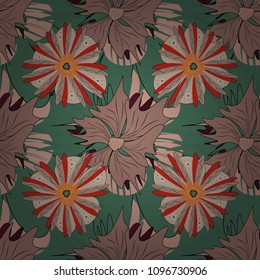 Vector pattern, repeating grunge line of abstract green, pink and brown flowers or leaves. Seamless pattern is on swatches panel.