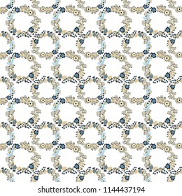 Vector pattern, repeating grunge line of abstract blue, white and beige flowers or leaves. Seamless pattern is on swatches panel.