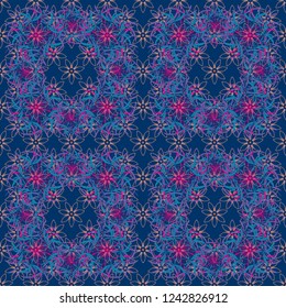 Vector pattern, repeating grunge line of abstract orange, blue and violet flowers or leaves. Seamless pattern is on swatches panel.
