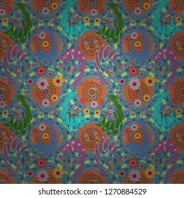 Vector pattern, repeating grunge line of abstract blue, orange and gray flowers or leaves. Seamless pattern is on swatches panel.