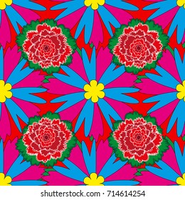 Vector pattern, repeating grunge line of abstract blue, magenta and red flowers or leaves. Seamless pattern is on swatches panel.