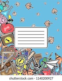 Vector pattern retro drawing of different school objects. Theme back to school. Can be used for the background of notebooks, albums, a web page, fills drawings, wallpapers, surface textures.
