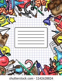 Vector pattern retro drawing of different school objects. Theme back to school. Can be used for the background of notebooks, albums, a web page, fills drawings, wallpapers, surface textures.