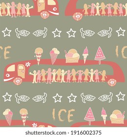 Vector pattern, retro vintage ice truck, limousines with a lot of children buying ice cream. Red and pink shadows, grey bacgroud, car with face.