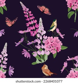Vector pattern with rhododendron, lupines, butterflies and birds on a dark background. Seamless pattern for fabric, paper and other printing and web projects.
