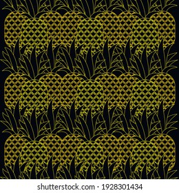 vector pattern with ripe bananas. flat pattern image with whole pineapples. pineapples on a black background with a yellow outline. pineapple outline