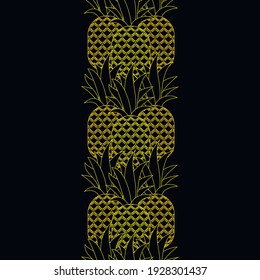 vector pattern with ripe bananas. flat pattern image with whole pineapples. pineapples on a black background with a yellow outline. pineapple outline