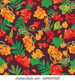 Vector pattern of ripe berries of mountain ash with sea-buckthorn, cloudberry and their green leaves on brown background.