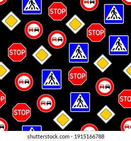 Vector pattern with road signs on black background