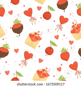 vector pattern of romantic elements, strawberries in chocolate, muffin with cherry, lollipop, love letter