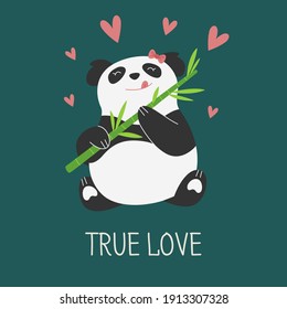 Vector pattern. Romantic wedding greeting card. Baby cute rainbow graphic illustration. Happy panda with hearts. Romantic background. Greeting card template. Holiday illustration.