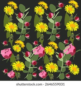 Padrão vetorial de rosa. O clima de verão da natureza. A terra está coberta de folhas. Para a concepção ecológica de têxteis, embalagens, fundos.