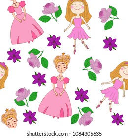 Vector pattern with roses and cute ballet and princess girls  wearing pink dresses. Little girl cartoon pattern.