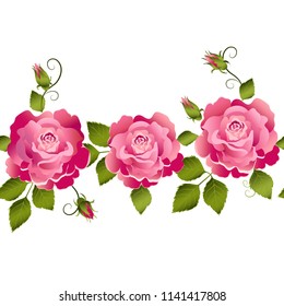 Vector pattern with roses. Isolated on white. vector repeat tile. horizontal pattern lace ribbon border.