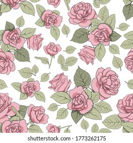 Vector pattern with roses on a light background. Seamless texture for decoration, decoration, textiles, cards, nails, prints, scrapbooking paper, etc.