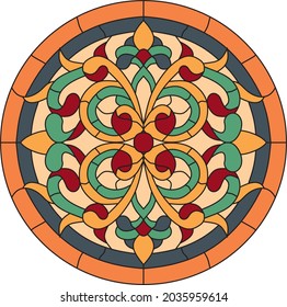 Vector pattern of round stained glass window. Patterned orange circle. Oriental ornament, arabesque
