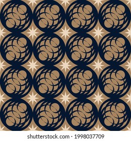 vector pattern of rounded lines resembling a planetary circle in dark blue, composed of rectangular stars in light beige on a brown background, easy editing to change color